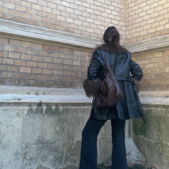 Vintage Mongolian Afghan Coat Charlotte Simone Style M Leather & Fur Shearling - Picture 3 of 9